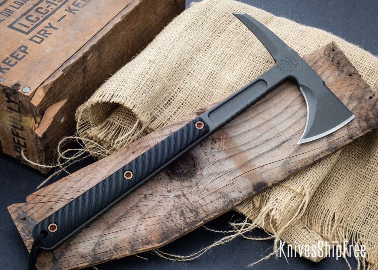 RMJ Tactical: Kestrel - 80CrV2 Tomahawk - Black G-10 - Tungsten