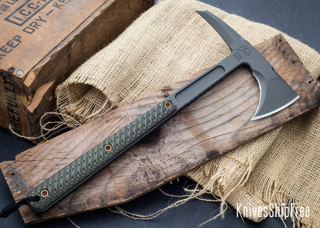 RMJ Tactical: Kestrel - 80CrV2 Tomahawk - Dirty Olive G-10