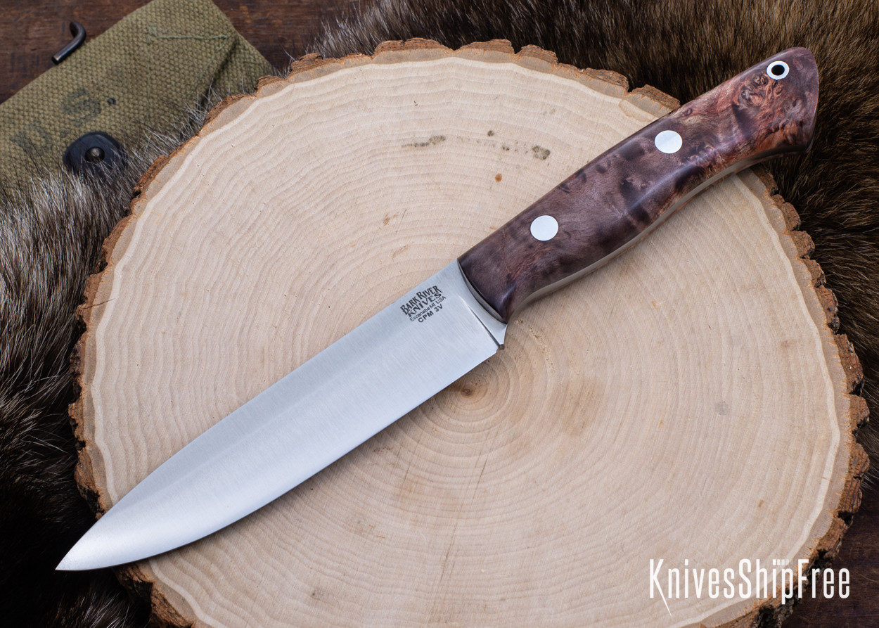 Auburn  コモレビAR2 Bark River Knives: Aurora II - CPM 3V - Barn Red & Brown Maple Burl