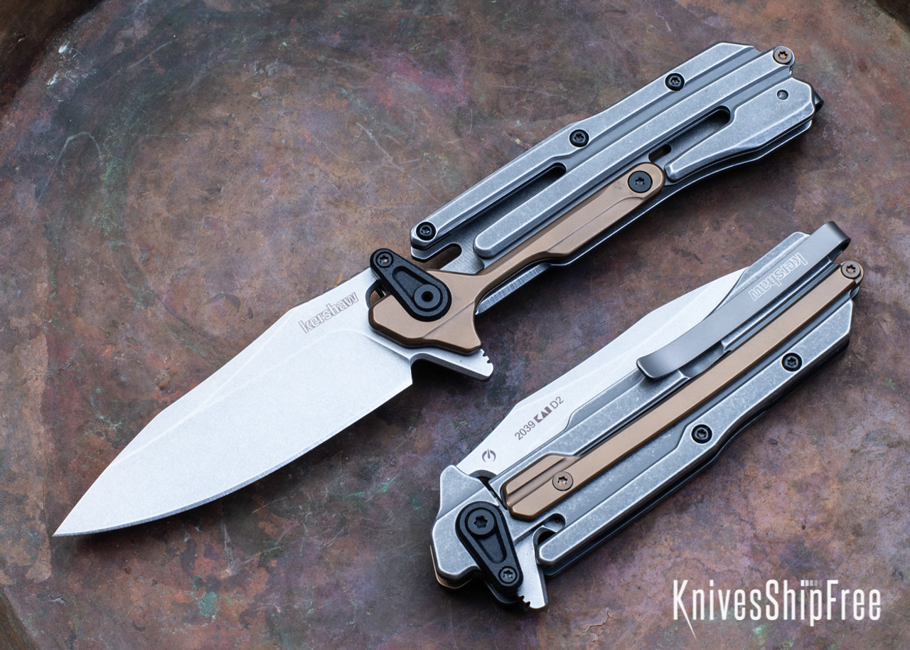 Kershaw Knives: Frontrunner - Stonewashed Gray PVD Steel Handle - Bronze  PVD Accent - Stonewashed D2 Tool Steel - Framelock - 2039