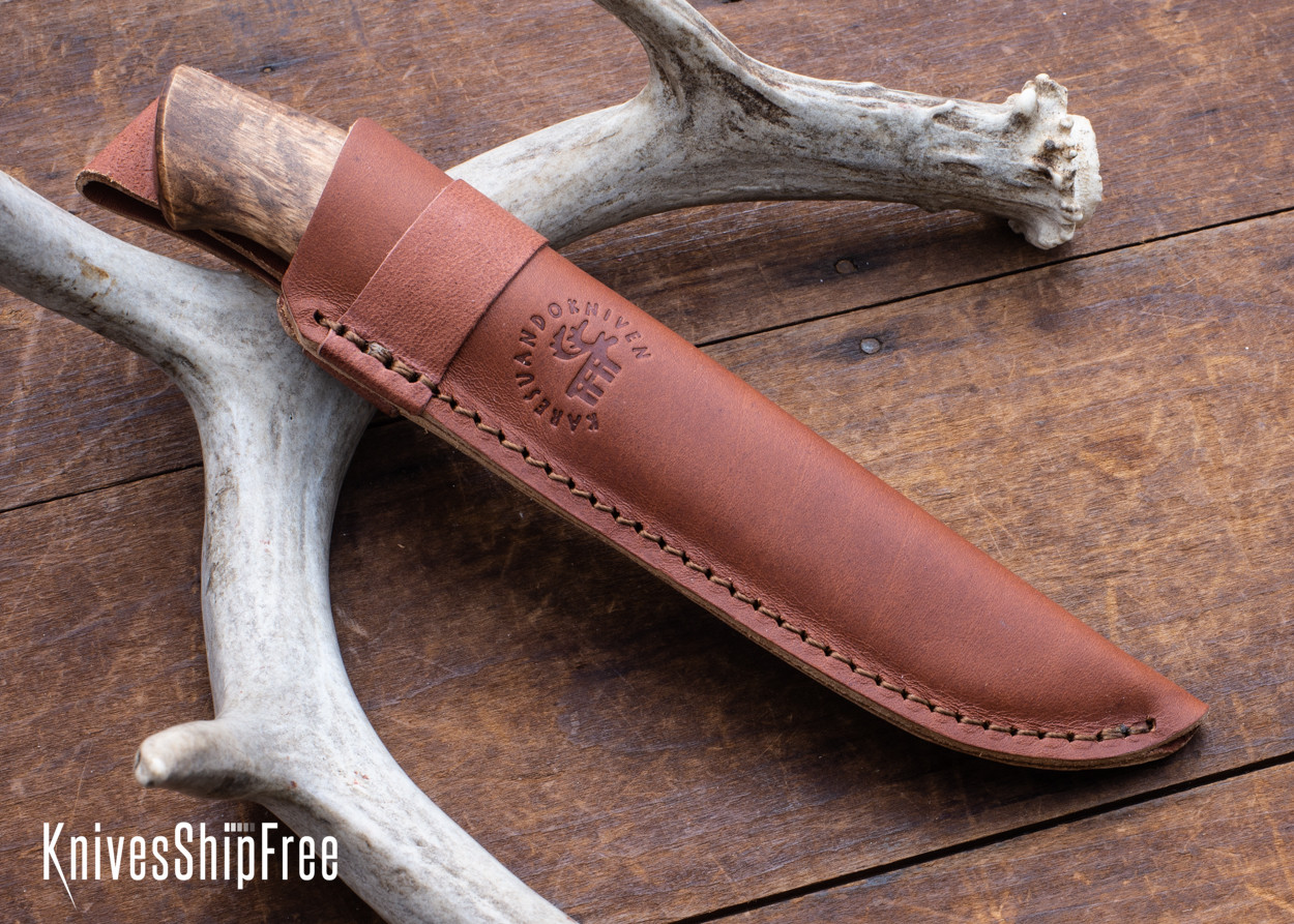 Karesuando The Boar Jagdmesser – Sandvik 12C27 Klinge, Maserbirke Griff, Lederscheide