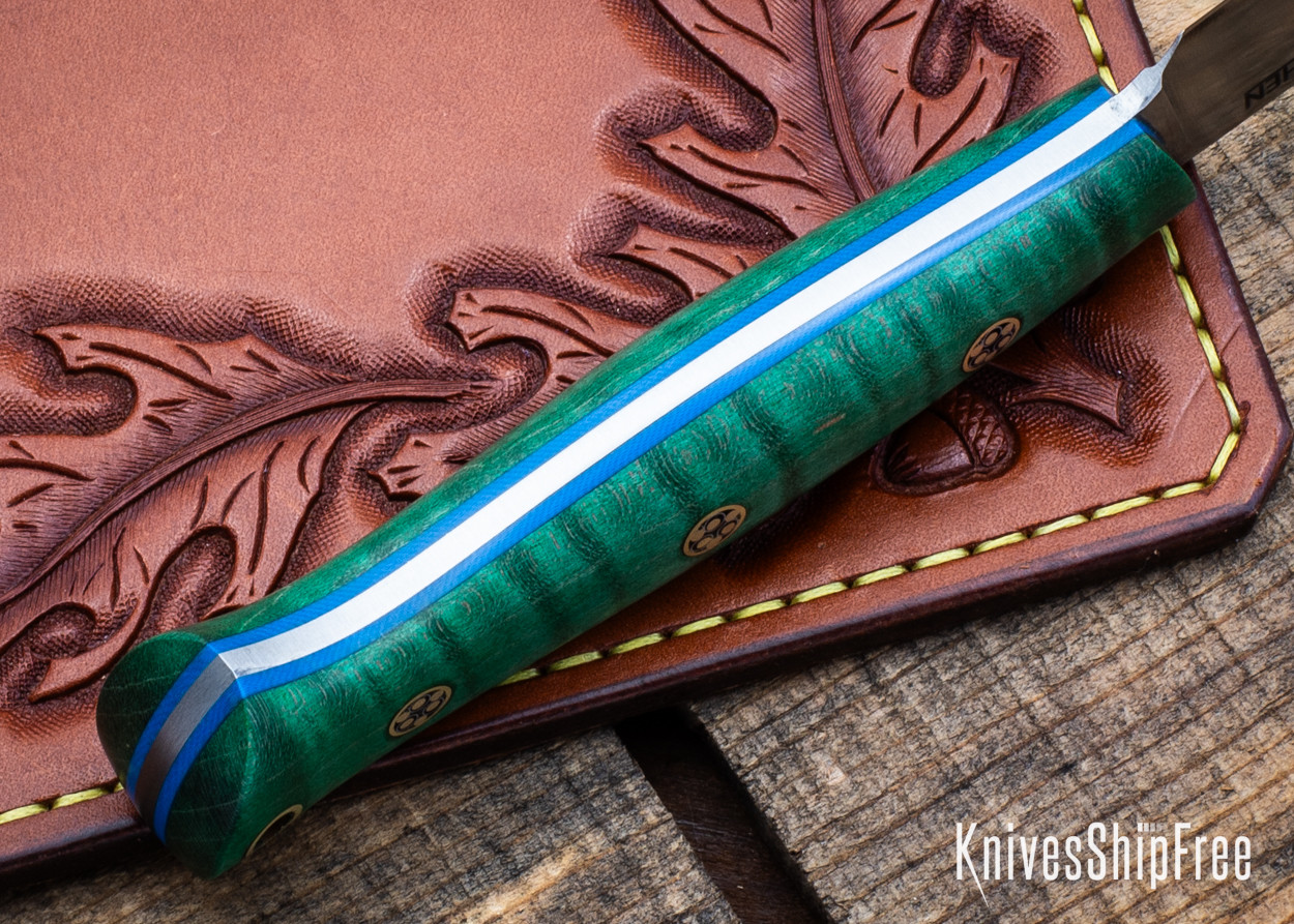Lishen Knives: Dakota EDC Mod - AEB-L - Green Curly Maple - Blue