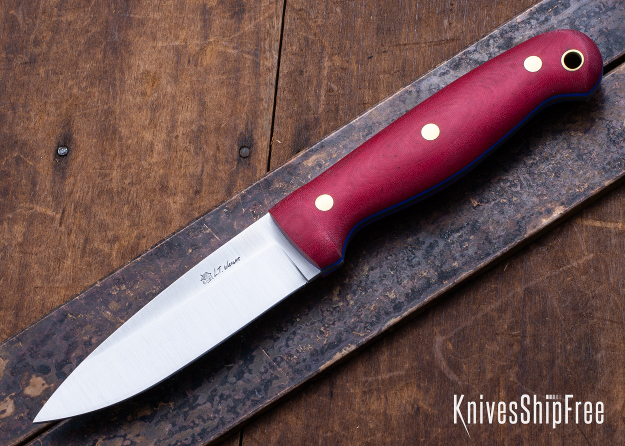 L.T. Wright Knives: GNS - Saber Grind - Red Linen - Blue Liners