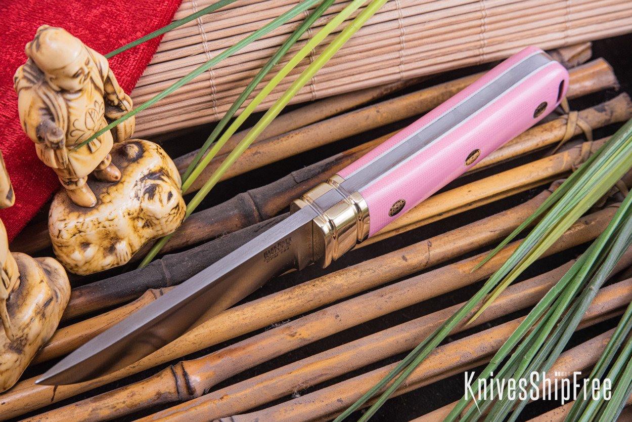 moss 刀　154 Bark River Knives: Kitsune Tanto - CPM 154 - Brass Bolster - Pink