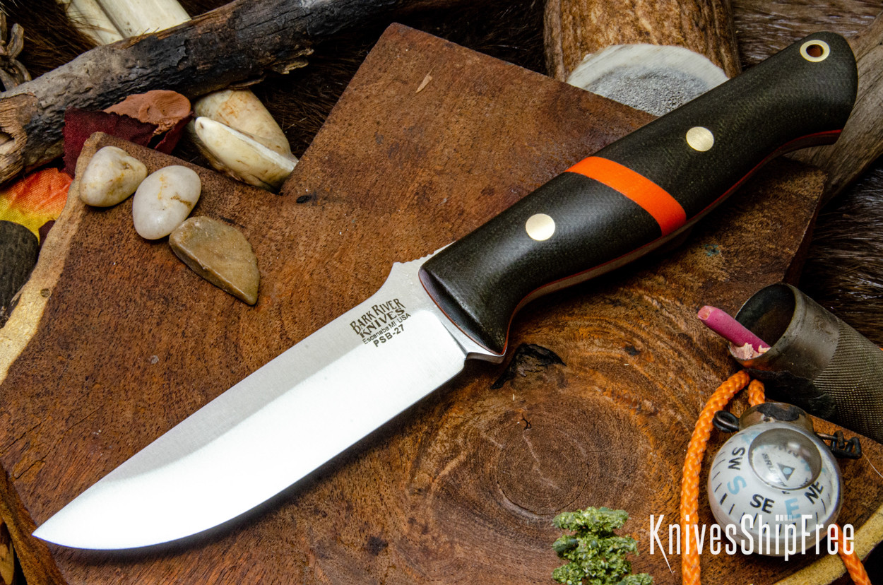 Bark River Knives: Gunny - PSB-27 - Green Canvas Micarta - Orange
