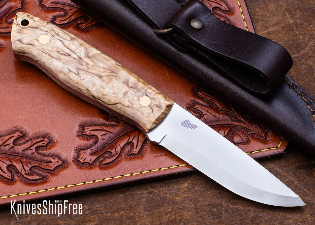 Brisa Knives: Trapper 95 - Stabilized Curly Birch - Red Liners