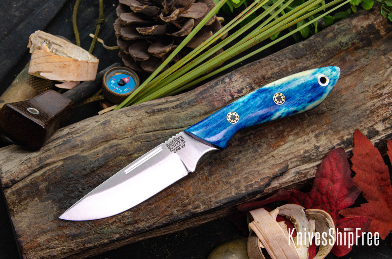 Bark River Knives: Adventurer - CPM 3V - Blue & White Camel Bone