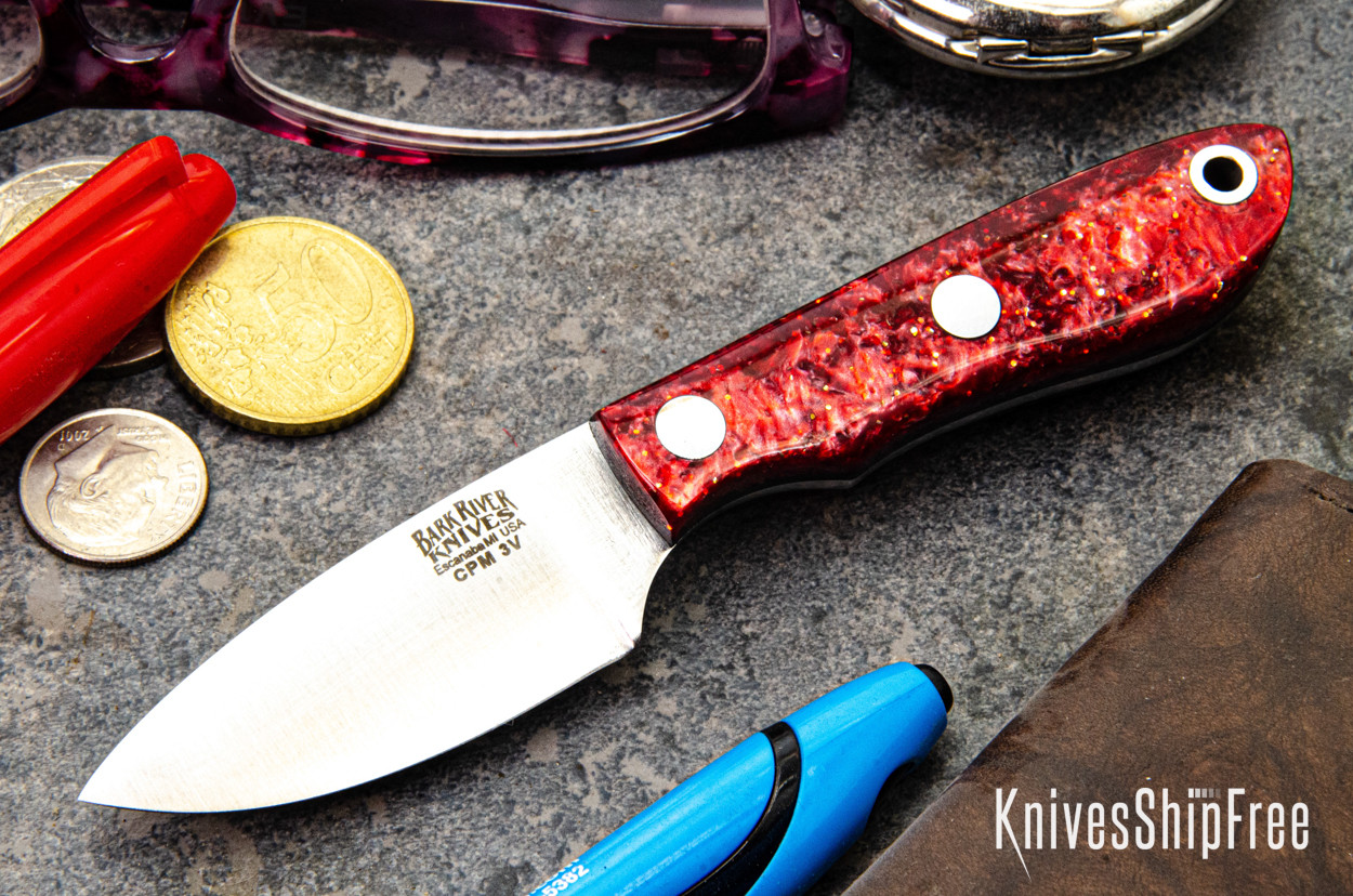 Bark River Knives: PSK - CPM 3V - Red Sparkle Resin - Black Liner