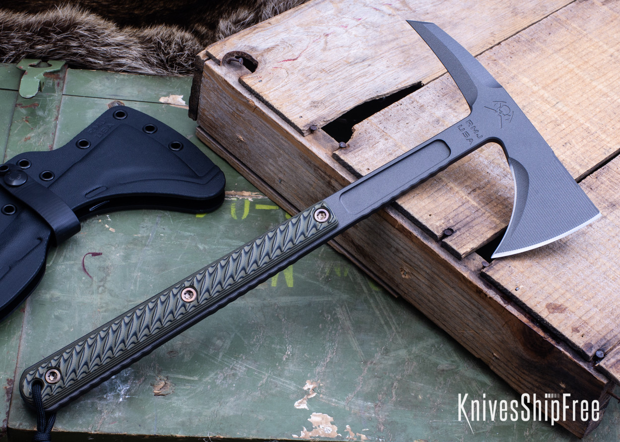 RMJ Tactical: Kestrel Feather - 80CrV2 Tomahawk - Dirty Olive G-10