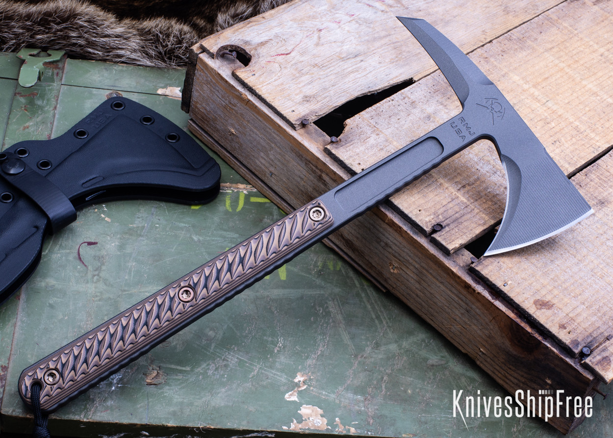 RMJ Tactical: Kestrel Feather - 80CrV2 Tomahawk - Hyena Brown G-10