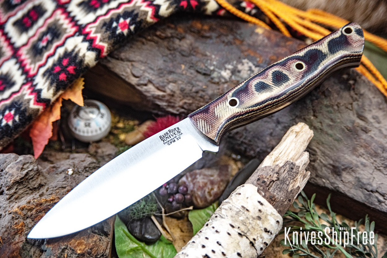 Bark River Knives: UP Gunny 3V - Snakeskin Burgundy Canvas Micarta