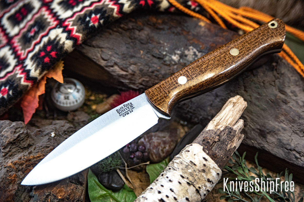 Bark River Knives: UP Gunny 3V - Tan Burlap Micarta - Black Liners