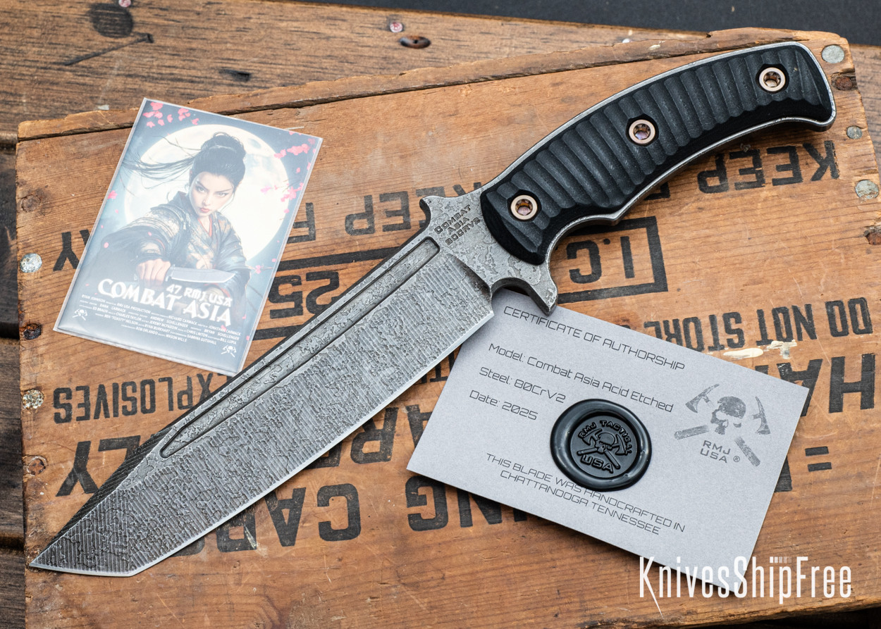 RMJ Tactical: Combat Asia - 80CrV2 - Acid Etched - Black textured G-10