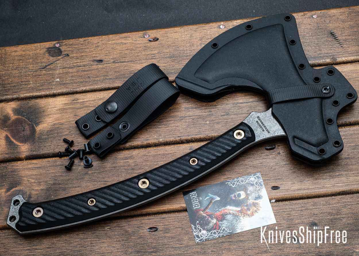 RMJ Tactical: Berserker - 80CrV2 Tomahawk - Black G-10 - Acid Etched