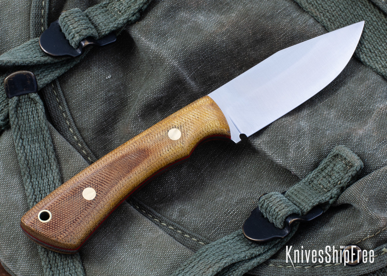 Lishen Knives: Pathfinder - Natural Canvas Micarta - Brass Pins Lishen Knives: Pathfinder - Natural Canvas Micarta - Brass Pins