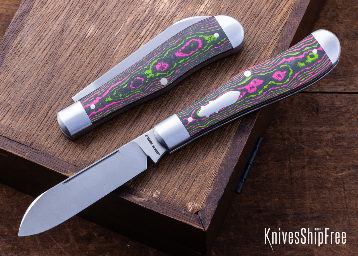 Jack Wolf Knives: Eureka - 14C28N - Watermelon Sugar CamoCarbon