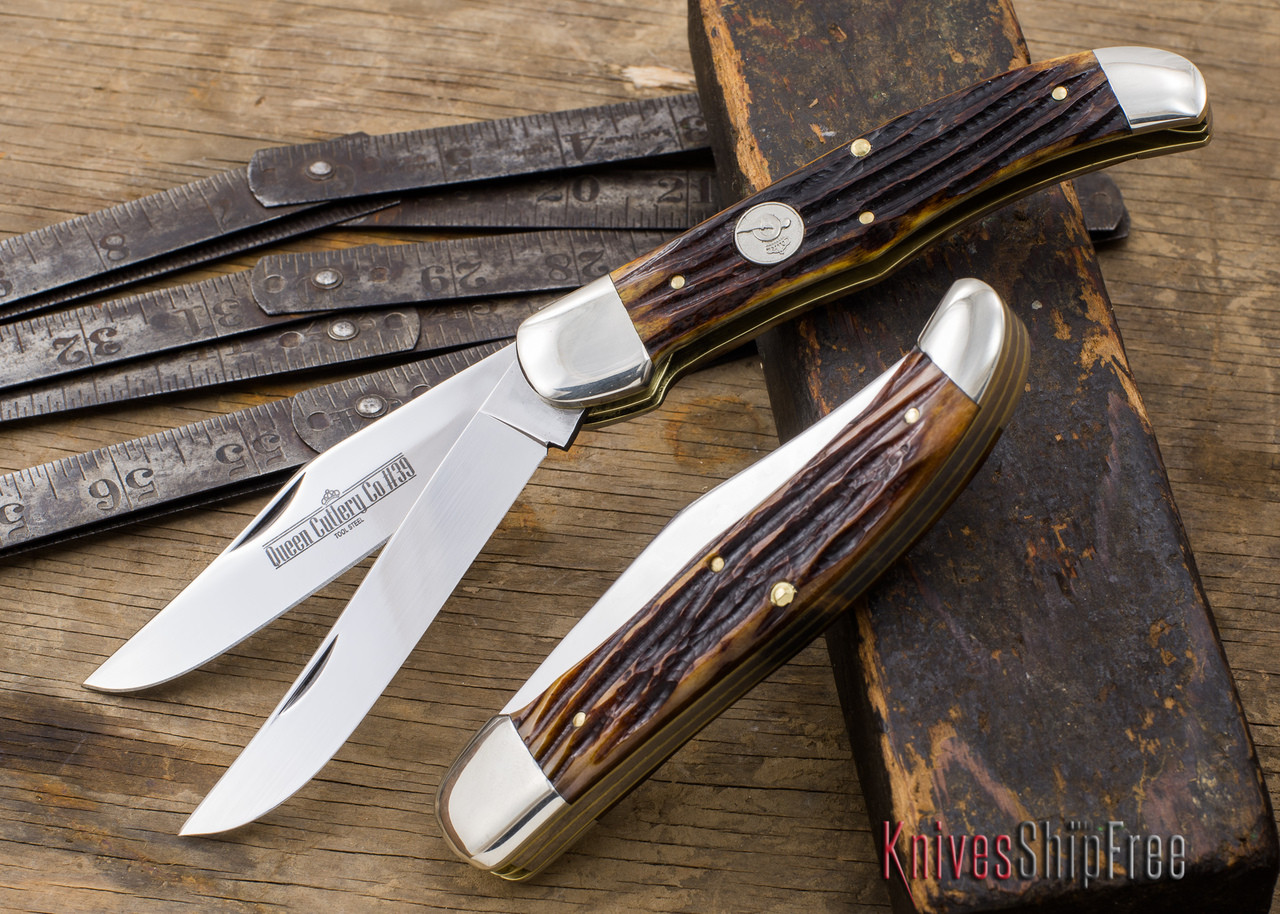 Queen Cutlery 39 Folding Hunter D2 Steel Stag Bone