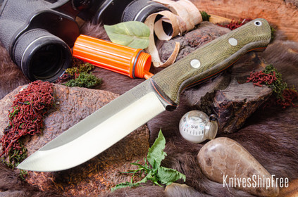 Bark River Knives: Bravo 1.25 - CPM 3V - Green Canvas Micarta - Orange Liners - Rampless 90° Spine Double Check Choil