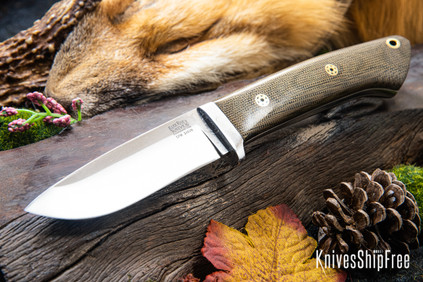 Bark River Knives: Classic Drop Point Hunter - CPM S45VN - Green Canvas Micarta - White Liners - Mosaic Pins