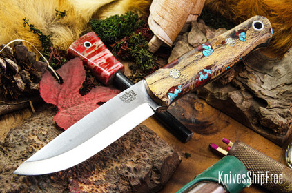 Bark River Knives: Bushcrafter II - CPM 3V - Red Cholla Cactus with Turquoise - Black Liners - Mosaic Pins