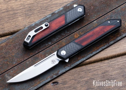Begg Knives: Kwaiken - Liner Lock Flipper - D2 Tool Steel - Black G-10 - Carbon Fiber/Rose Dyed Birch Inlays