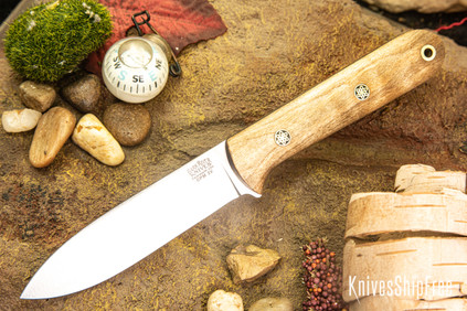 Bark River Knives: Mini Kephart - CPM 3V - Natural Curly Maple - Black Liners - Mosaic Pins