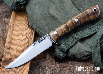 Lon Humphrey Knives: Minuteman - Forged 52100 - Dark Curly Maple - Black Liners - LH28DI007