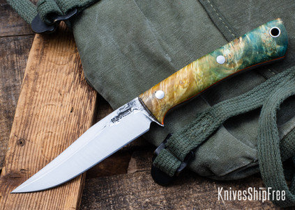 Lon Humphrey Knives: Minuteman - Forged 52100 - Double Dyed Box Elder Burl - Orange Liners - LH28DI139