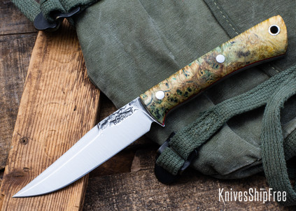 Lon Humphrey Knives: Minuteman - Forged 52100 - Double Dyed Box Elder Burl - Red Liners - LH28DI154