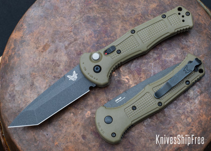 Benchmade Knives: 9071BK-1 Claymore - Push-Button Auto - Textured Ranger Green Grivory - CPM-D2 - Cobalt Black Cerakote - Tanto