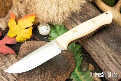 Bark River Knives: Bravo 1 - Rampless - Antique Bone Linen Micarta - Red Liners - Brass Pins