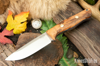 Bark River Knives: Bravo 1 - Rampless - Thuya Burl - Blue Liners - Brass Pins