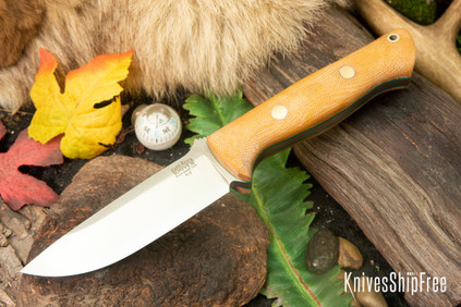 Bark River Knives: Bravo 1 - Natural Canvas Micarta - Green Liners - Brass Pins - Matte