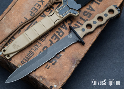 Benchmade Knives: 185SBK-1 SOCP Fixed Blade - Textured Tan G-10 - CPM-3V - Partially Serrated - Cobalt Black Cerakote