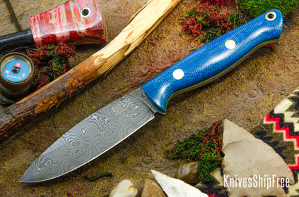 Bark River Knives: UP EDC - Blue Canvas Micarta - Yellow Liners - Brass Pins - Virus Damascus