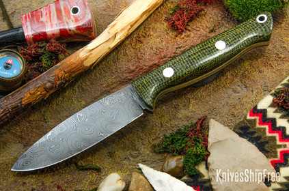 Bark River Knives: UP EDC - Evergreen Burlap Micarta - Yellow Liners - Virus Damascus