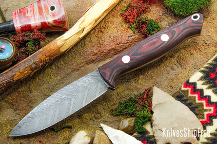 Bark River Knives: UP EDC - Red & Black Suretouch - Matte - Red Liners - Boomerang Damascus