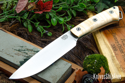 Bark River Knives: Fox River II LT - CPM 3V - Natural Curly Maple - Sea Blue Liners - Mosaic Pins