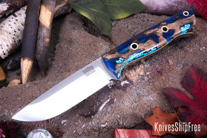 Bark River Knives: Bravo 1 - CPM CruWear - Rampless - Blue Cholla Cactus with Turquoise - Yellow Liners - Hollow Brass Pins
