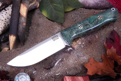 Bark River Knives: Bravo 1 - CPM CruWear - Rampless - Sage Green Maple Burl - Mosaic Pins