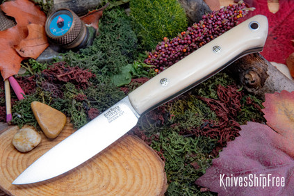 Bark River Knives: Little Creek II - CPM MagnaCut - Antique Bone Linen Micarta - Forest Green Liners - Mosaic Pins