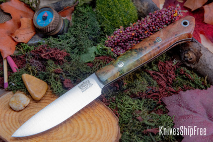 Bark River Knives: Little Creek II - CPM MagnaCut - Red & Green Burl - White Liners - Mosaic Pins