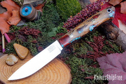 Bark River Knives: Little Creek II - CPM MagnaCut - Red Cholla Cactus with Turquoise - Black Liners - Mosaic Pins