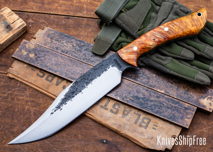 Lon Humphrey Knives: Gunfighter Bowie - Forged 52100 - Double Dyed Box Elder Burl - Black Liners - LH04MI119