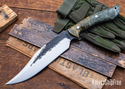 Lon Humphrey Knives: Gunfighter Bowie - Forged 52100 - Double Dyed Box Elder Burl - Blue Liners - LH04MI123
