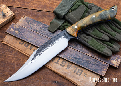 Lon Humphrey Knives: Gunfighter Bowie - Forged 52100 - Double Dyed Box Elder Burl - Blue Liners - LH04MI134