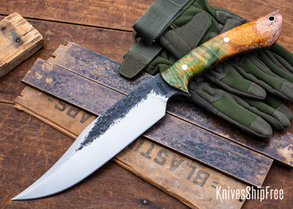 Lon Humphrey Knives: Gunfighter Bowie - Forged 52100 - Double Dyed Box Elder Burl - Red Liners - LH04MI158