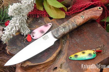 Bark River Knives: Bird & Trout - CPM 154 - Green & Rose Maple Burl - Mosaic Pins