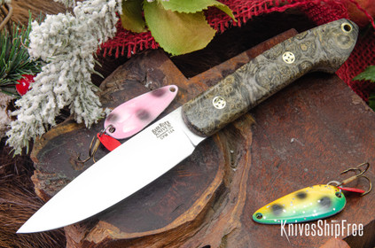 Bark River Knives: Bird & Trout - CPM 154 - Pea Green Maple Burl - Mosaic Pins
