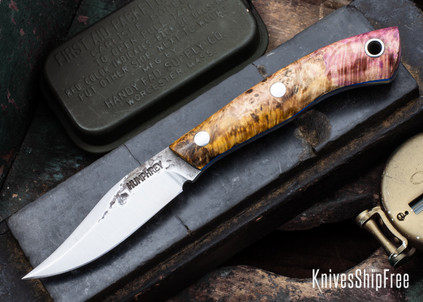 Lon Humphrey Knives: Mudbone Muskrat - Forged AEB-L - Box Elder Burl - Blue Liners - LH22AJ092